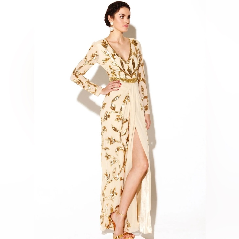 Embellished Cream and Gold Long Sleeve Evening Gown Dress - UK size 10 US size 6